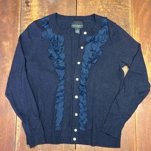 Barely worn Cynthia Rowley 100% Italian Merino Wool Blue Cardigan with ruffles